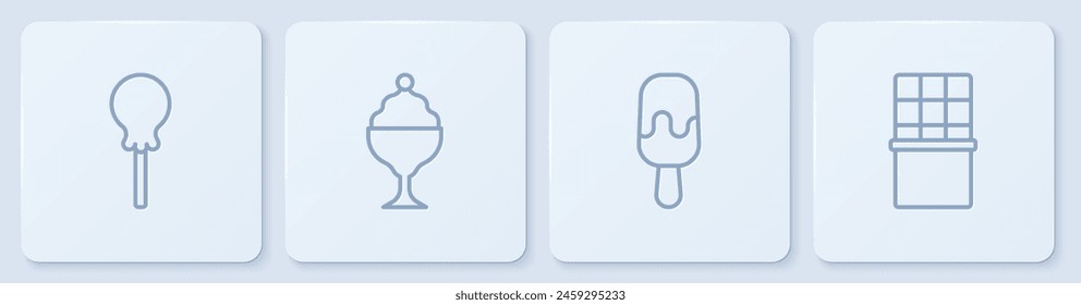 Set line Lollipop, Ice cream, in bowl and Chocolate bar. White square button. Vector