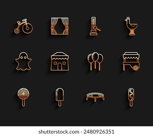 Set line Lollipop, Ice cream, Vintage bicycle with one big wheel and one small, Jumping trampoline, Corn dog, Circus tent, Fast street food cart awning and Balloons ribbon icon. Vector