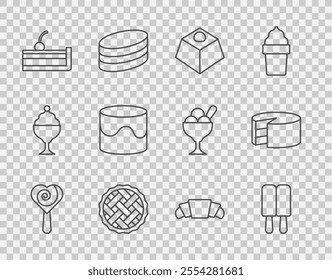 Set line Lollipop, Ice cream, Brownie chocolate cake, Homemade pie, Cherry cheesecake, Cake, Croissant and  icon. Vector