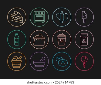 Set line Lollipop, Tarro de miel, Rolling pin masa, Bolsa de harina, Botella con leche, Pastel de pedazos, taza de café para llevar y el icono del horno. Vector