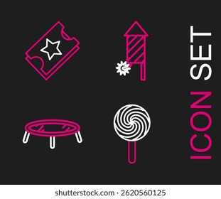 Set line Lollipop, Jumping trampoline, Firework rocket and Ticket icon. Vector