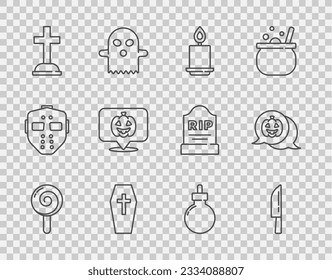 Set line Lollipop, Knife, Burning candle, Coffin with cross, Tombstone, Pumpkin, Bomb ready explode and  icon. Vector
