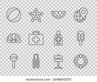 Set line Lollipop, Lifebuoy, Watermelon, Suitcase, Beach ball, First aid kit, Road traffic signpost and Ice cream icon. Vector