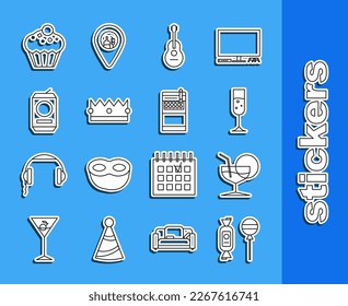 Set line Lollipop, Martini glass, Glass of champagne, Guitar, Crown, Beer can, Muffin and Open cigarettes pack box icon. Vector