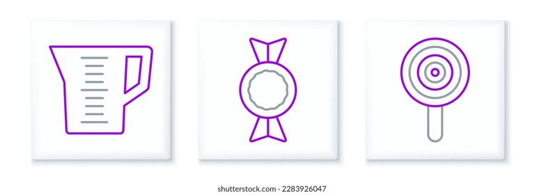 Set line Lollipop, Measuring cup and Candy icon. Vector