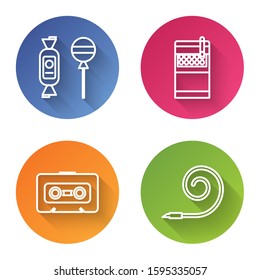 Set line Lollipop , Open cigarettes pack box , Retro audio cassette tape  and Birthday party horn . Color circle button. Vector