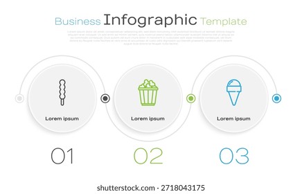 Set Linie Lollipop, Popcorn in Box und Eis Waffel Kegel. Vorlage für Geschäftsinformationen. Vektorgrafik