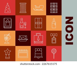 Set line Lollipop, Price tag with an inscription Sale, Burning candle candlestick, Christmas santa claus sleigh, Champagne bottle glass of champagne, book, tree decorations and Gift box icon. Vector