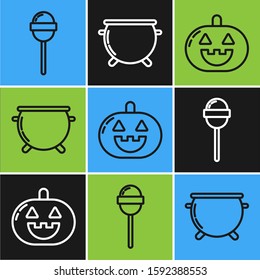 Set line Lollipop , Pumpkin  and Halloween witch cauldron  icon. Vector