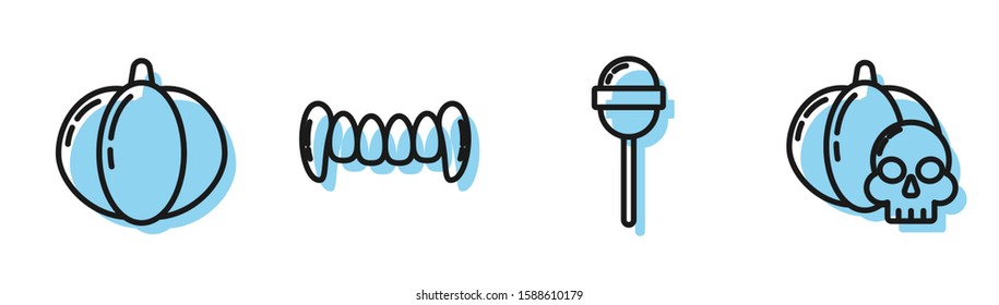 Set line Lollipop , Pumpkin , Vampire teeth  and Pumpkin and skull  icon. Vector