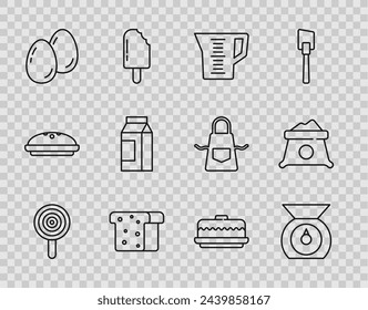 Set line Lollipop, Scales, Measuring cup, Bread toast, Easter eggs, Paper package for milk, Cake and Bag of flour icon. Vector