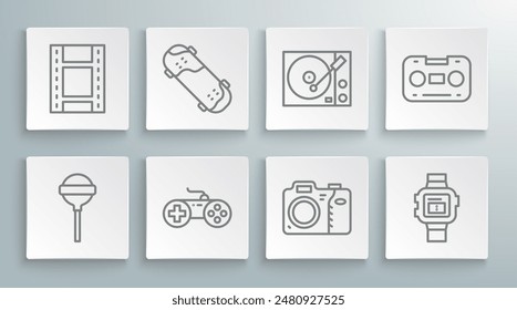 Set line Lollipop, Skateboard trick, Gamepad, Photo camera, Wrist watch, Vinyl player, Retro audio cassette tape and Play Video icon. Vector