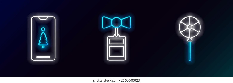 Set line Lollipop, Smartphone with gift box and Price tag an inscription Sale icon. Glowing neon. Vector