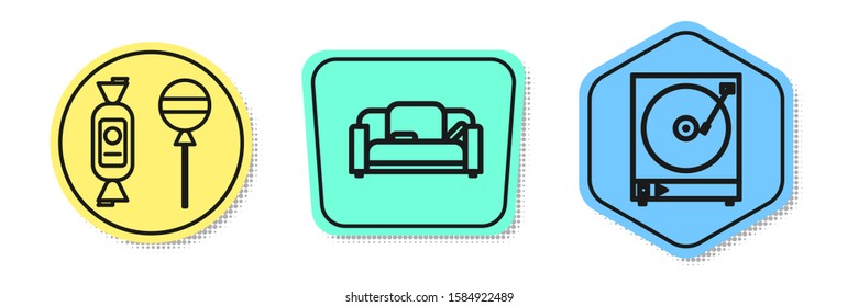 Set line Lollipop , Sofa  and Vinyl player with a vinyl disk . Colored shapes. Vector