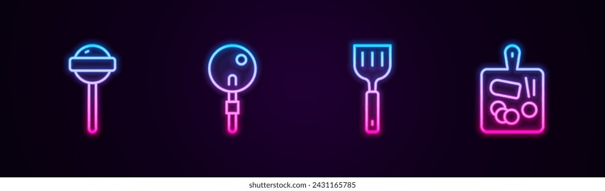 Set line Lollipop, , Spatula and Cutting board. Glowing neon icon. Vector
