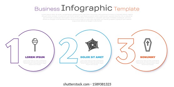 Set line Lollipop , Spider web  and Coffin with christian cross . Business infographic template. Vector
