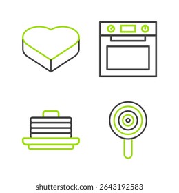 Set line Lollipop, Stack of pancakes, Oven and Candy in heart shaped box icon. Vector