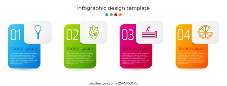 Set line Piruleta, Fresa en chocolate, Tarta de queso de cereza y tarta casera. Plantilla de infografía de negocios. Vector