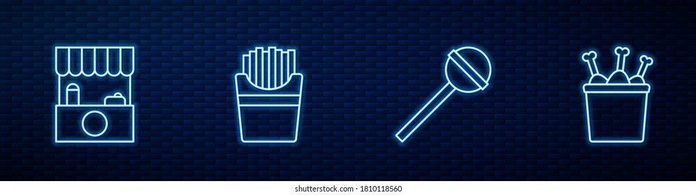 Set line Lollipop, Street stall with awning, Potatoes french fries box and Chicken leg package. Glowing neon icon on brick wall. Vector