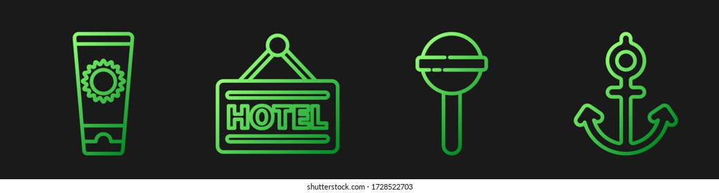 Set line Lollipop, Sunscreen cream in tube, Signboard with text Hotel and Anchor. Gradient color icons. Vector