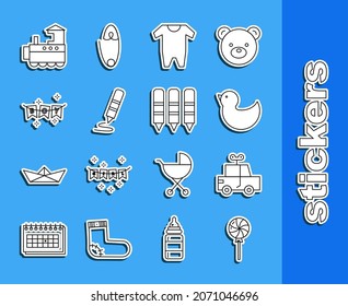 Set line Lollipop, Toy car, Rubber duck, Baby clothes, Wax crayon for drawing, Carnival garland with flags, train and crayons icon. Vector