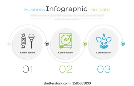 Set line Lollipop , Vinyl player with a vinyl disk  and Clown head . Business infographic template. Vector