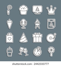 Set line Lollipop, Vinyl player with disk, Calendar party, Slice of pizza, Microphone, Ice cream waffle cone, Birthday horn and Barbecue grill icon. Vector