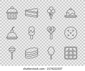 Set line Lollipop, Waffle, Ice cream in waffle cone, Brownie chocolate cake, Cake, Cotton candy and Cookie or biscuit icon. Vector