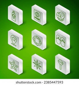 Set line Lollipop, Wind rose, Sunscreen spray bottle, Lifebuoy, Map pointer with star, Passport, Starfish and Flip flops icon. Vector