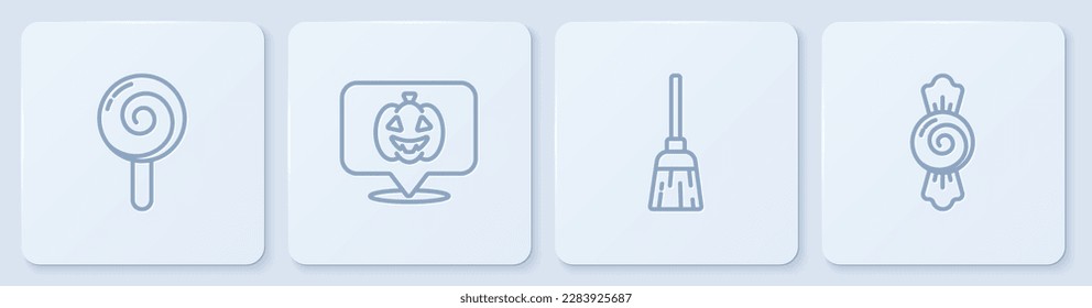 Set line Lollipop, Witches broom, Pumpkin and Candy. White square button. Vector
