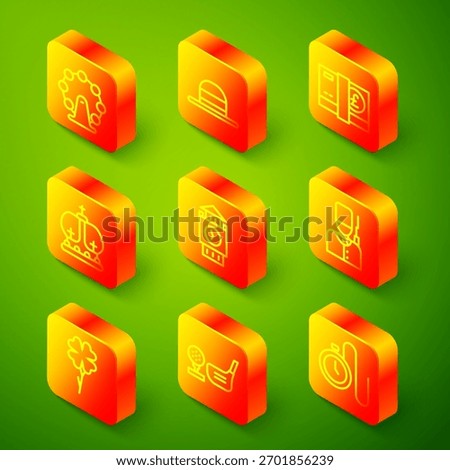 Set line London eye, Elegant women hat, Pound sterling money, British crown, Big Ben tower, soldier, Four leaf clover and Golf club with ball tee icon. Vector