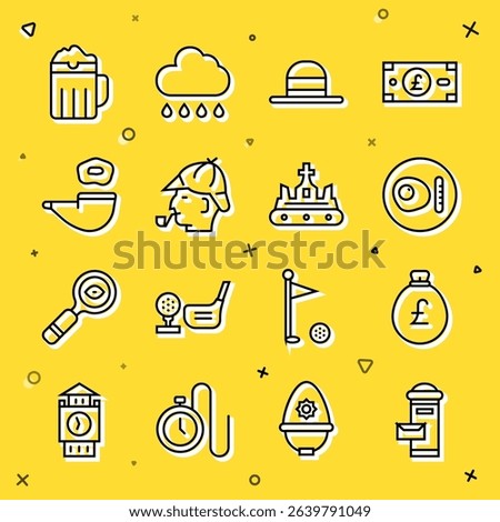 Set line London mail box, Money bag with pound, British breakfast, Elegant women hat, Sherlock Holmes, Smoking pipe, Wooden beer mug and crown icon. Vector