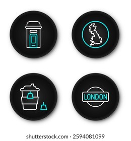 Set line London sign, Coffee cup to go, England map and phone booth icon. Vector