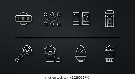 Set line sinal de Londres, Lupa, cabine telefônica, capacete da polícia britânica, Cálice para ir, gota de água, torre Big Ben e libra esterlina ícone do dinheiro. Vetor