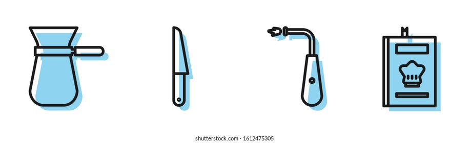 Set line Long electric lighter, Coffee turk, Knife and Cookbook icon. Vector