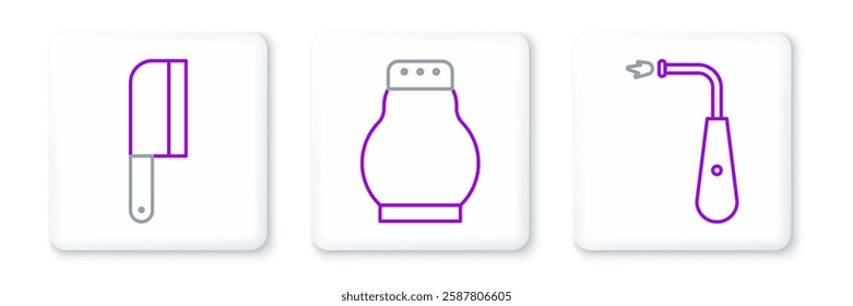 Set line Long electric lighter, Meat chopper and Salt and pepper icon. Vector