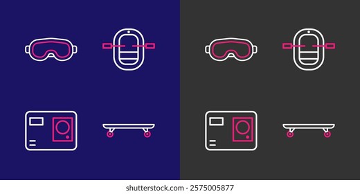 Set line Longboard or skateboard, Action extreme camera, Rafting boat and Ski goggles icon. Vector