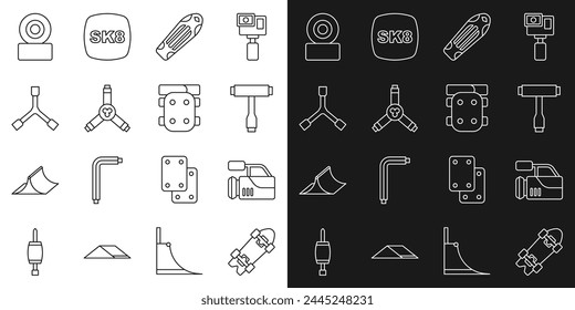 Set line Longboard oder Skateboard, Kinokamera, Skateboard T-Werkzeug, Deck, Y-Werkzeug, Rad- und Knieschützer-Symbol. Vektorgrafik