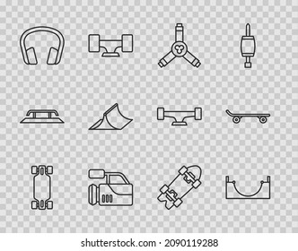 Set Line Longboard oder Skateboard, Skate Park, Skateboard Y-Tool, Cinema Kamera, Kopfhörer und Symbol. Vektorgrafik