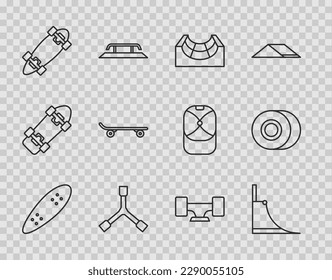 Set Line Langboard oder Skateboard, Skate Park, Skateboard Y-Tool, Rad und Symbol. Vektorgrafik