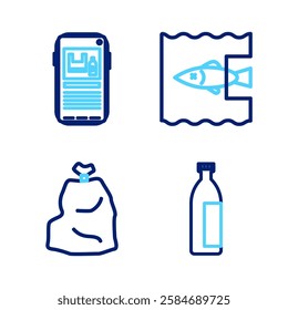 Set line Lotion cosmetic tube, Garbage bag, Stop ocean plastic pollution and  icon. Vector