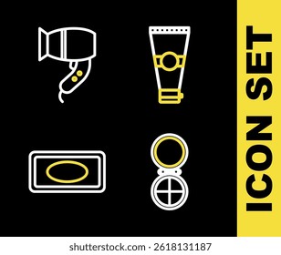 Set line Lotion cosmetic tube, Makeup powder with mirror, Bar of soap and Hair dryer icon. Vector