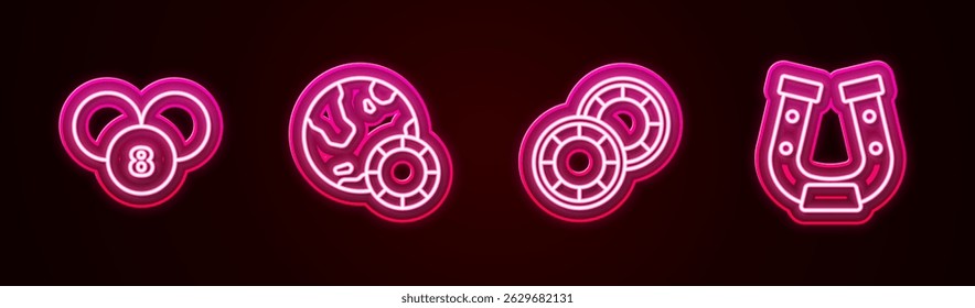 Set line Lottery ball on bingo card, Casino chips,  and Horseshoe. Glowing neon icon. Vector