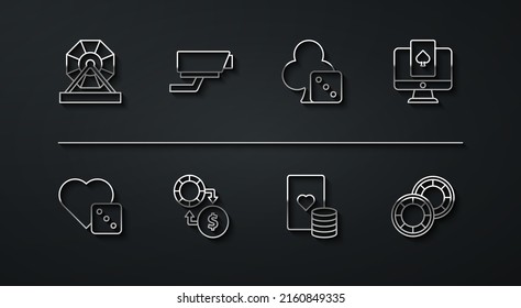 Set line Lottery machine, Game dice, Online poker table game, Casino chip and playing cards, chips exchange on money, Security camera,  and  icon. Vector