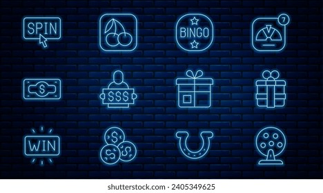 Set line Lottery machine, Gift box, Bingo, Winner holding prize ticket, Stacks paper money cash, Slot spin button,  and with cherry icon. Vector