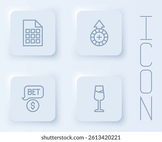 Set line Lottery ticket, Casino chips, with dollar and Wine glass. White square button. Vector