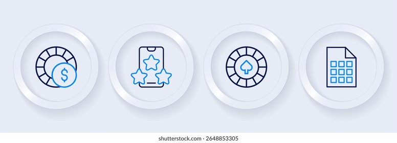 Definir bilhete de loteria linha, fichas de casino, apostas esportes online e ícone. Vetor