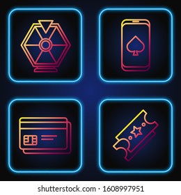 Set line Lottery ticket, Credit card, Lucky wheel and Online poker table game. Gradient color icons. Vector