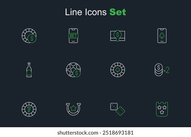 Set line Lottery ticket, Game dice, Horseshoe, Casino chips, with dollar, Football betting money and Bottle of wine icon. Vector