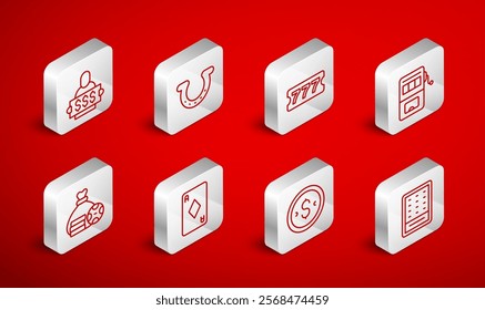 Set line Lottery ticket, Horseshoe, Slot machine, Coin money with dollar, Winner holding prize, Playing card diamonds and Money bag icon. Vector